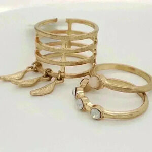 NEW 18k Gold over Silver Boho Opal Leaf Dangle 3 Piece Stack Ring